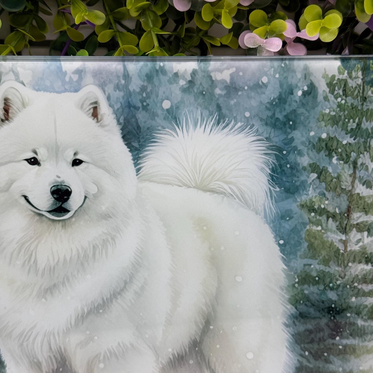 Samoyed Winter Snow 8inchx11inch Glass Chopping Board