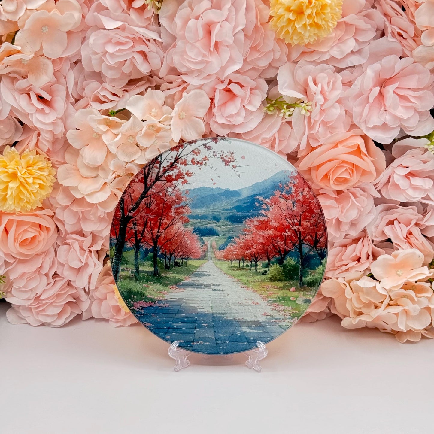 Blossom Landscape Glass Round Tea Pot Holder/Chopping Board, Cutting Board