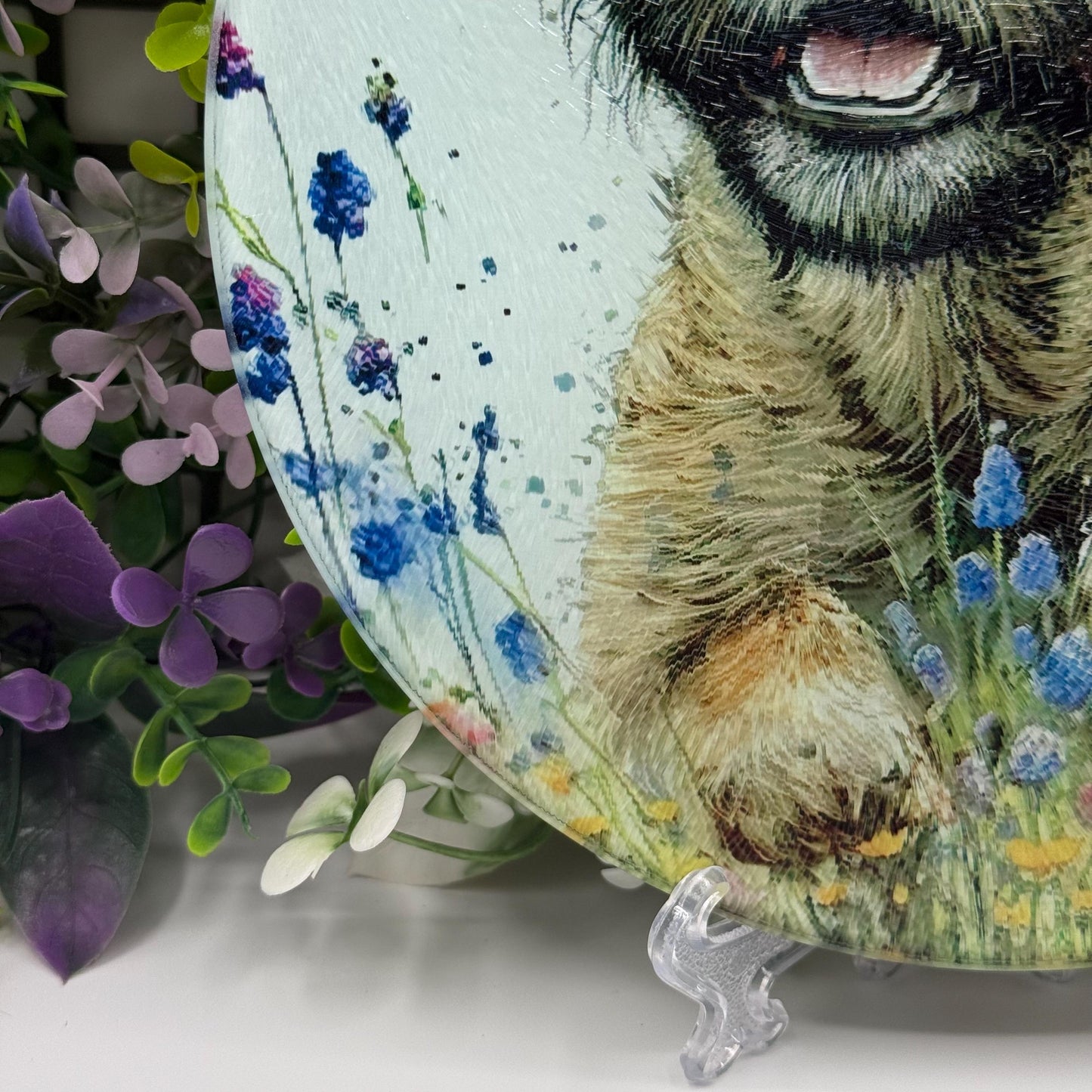 Border Terrier Wildflower 20cm Round Glass Chopping Board: Handmade Kitchen Decor