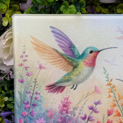 Hummingbird and Wildflower Watercolour Glass Chopping Boards - Worktop Saver - Side Protector
