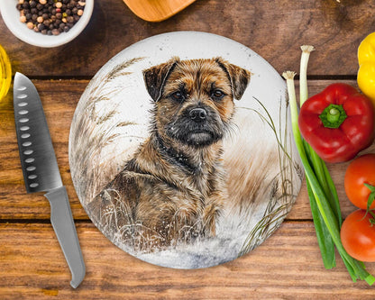 Border Terrier Wheat/Corn Field 20cm Round Glass Chopping Board: Handmade Kitchen Decor