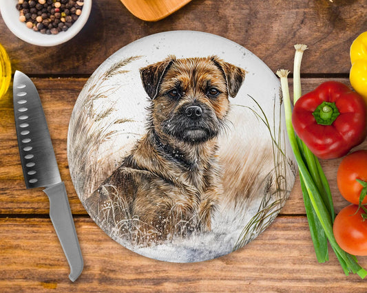 Border Terrier Wheat/Corn Field 20cm Round Glass Chopping Board: Handmade Kitchen Decor