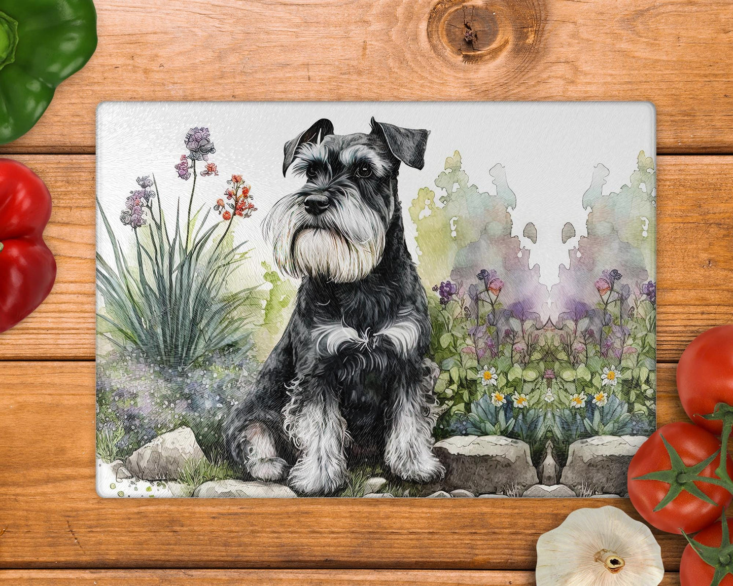 Schnauzer Black and Silver 8inchx11inch Glass Cutting Board: Handmade Kitchen Decor