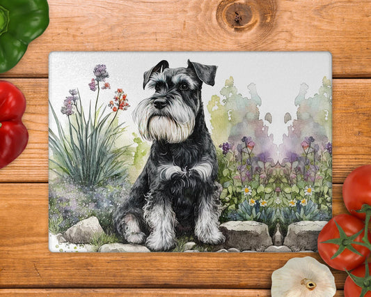 Schnauzer Black and Silver 8inchx11inch Glass Cutting Board: Handmade Kitchen Decor