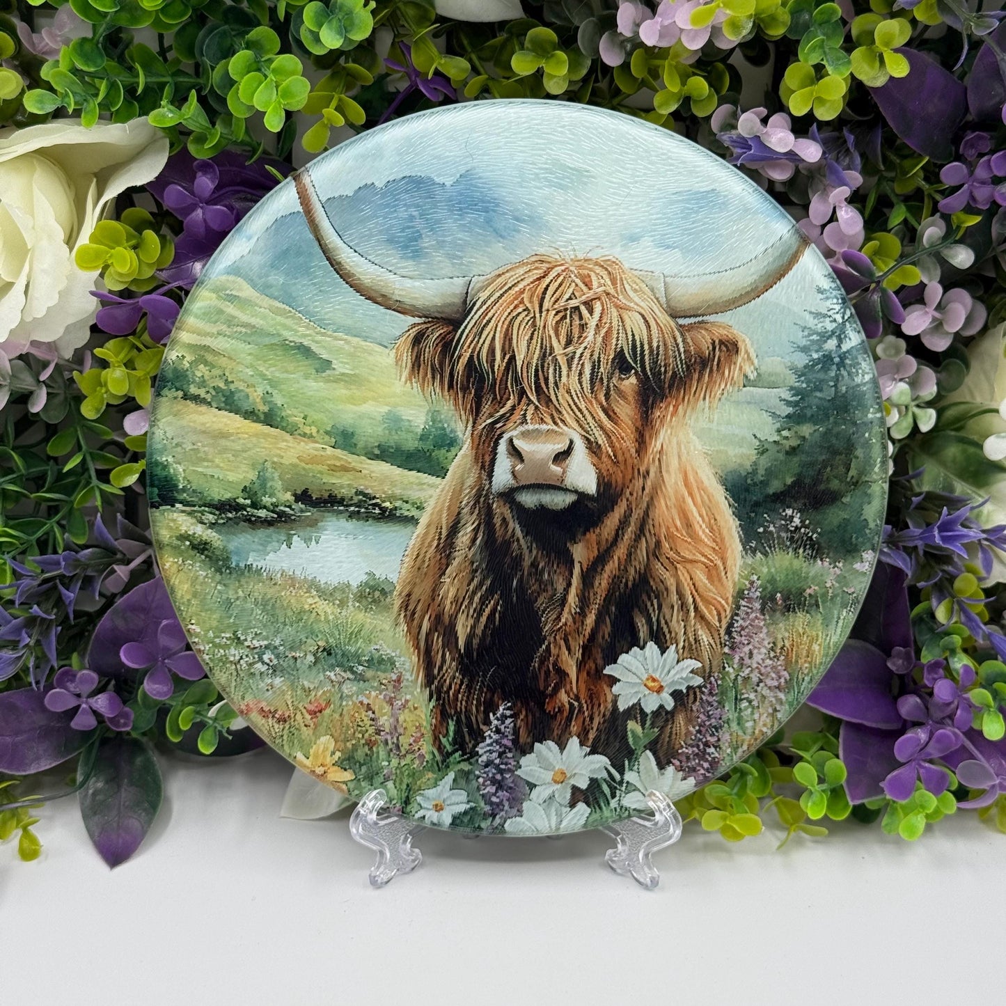Highland Cow Round Glass Tea Pot Holder - Chopping Board - Worktop Protector - Heat Mat