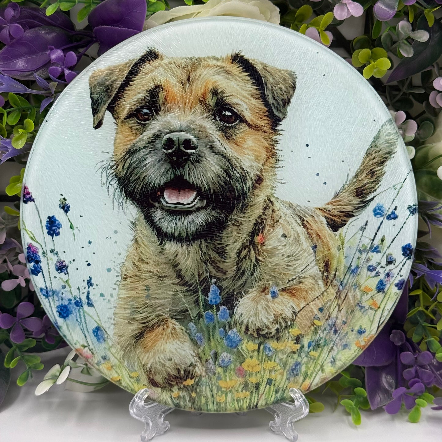 Border Terrier 20cm Round Glass Chopping Board: Handmade Kitchen Decor
