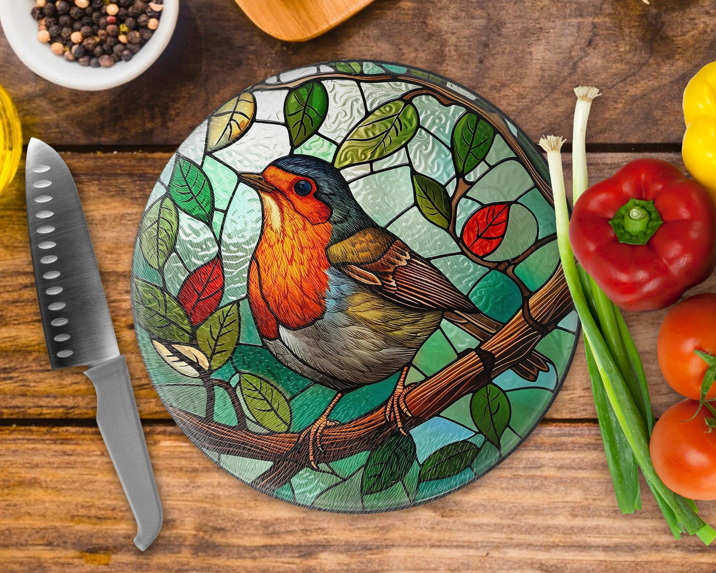 Robin Stained Glass Textured Round Tea Pot Holder - Chopping Board - Worktop Protector - Heat Mat