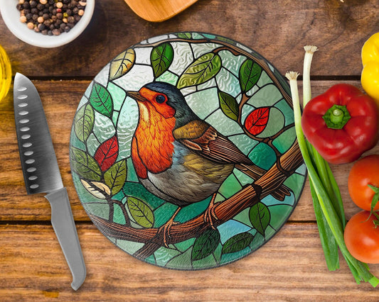 Robin Stained Glass Textured Round Tea Pot Holder - Chopping Board - Worktop Protector - Heat Mat