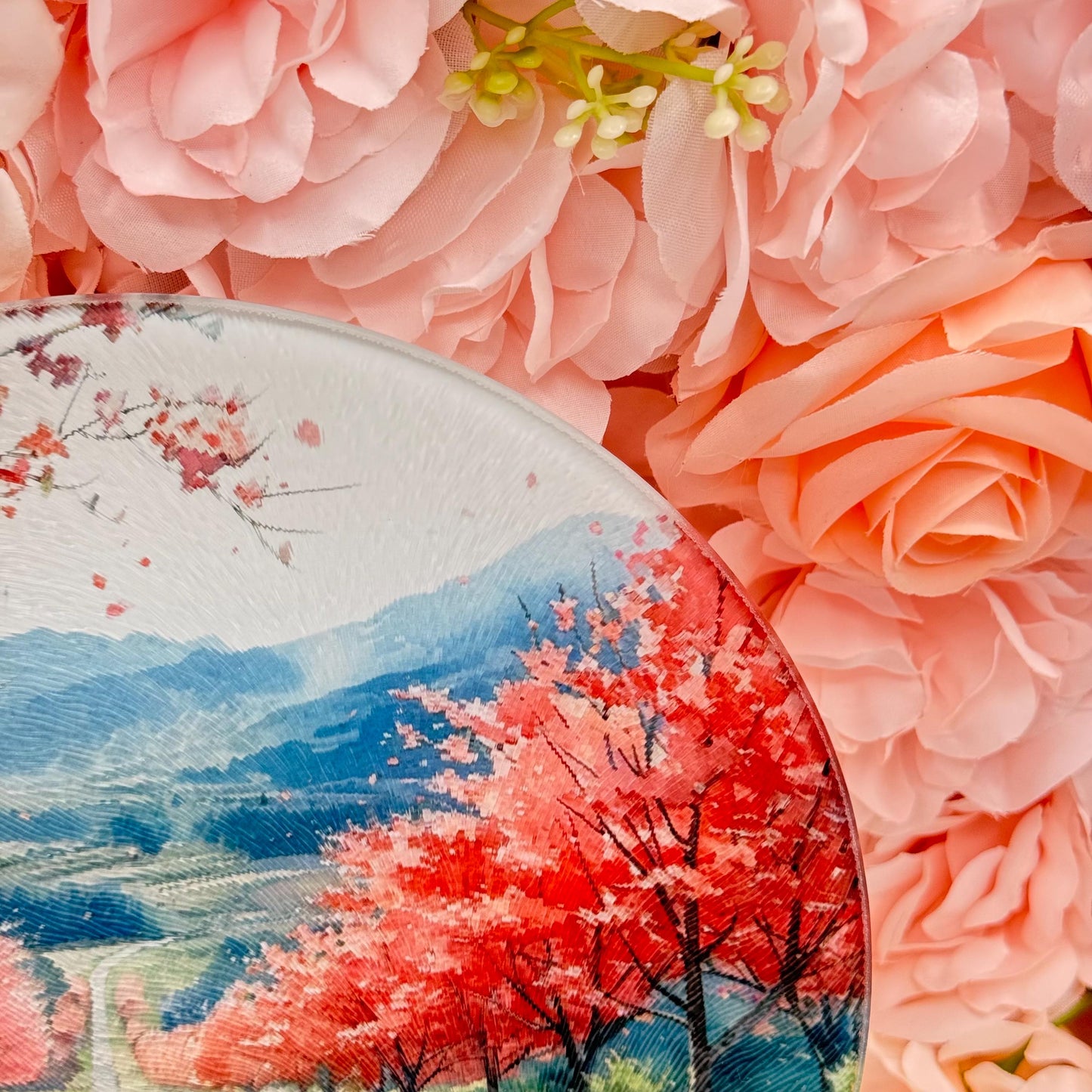 Blossom Landscape Glass Round Tea Pot Holder/Chopping Board, Cutting Board
