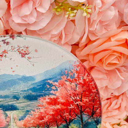 Blossom Landscape Glass Round Tea Pot Holder/Chopping Board, Cutting Board