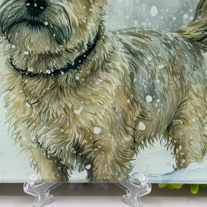 Norfolk Terrier Winter Snow 8inch x 11inch Glass Chopping Board