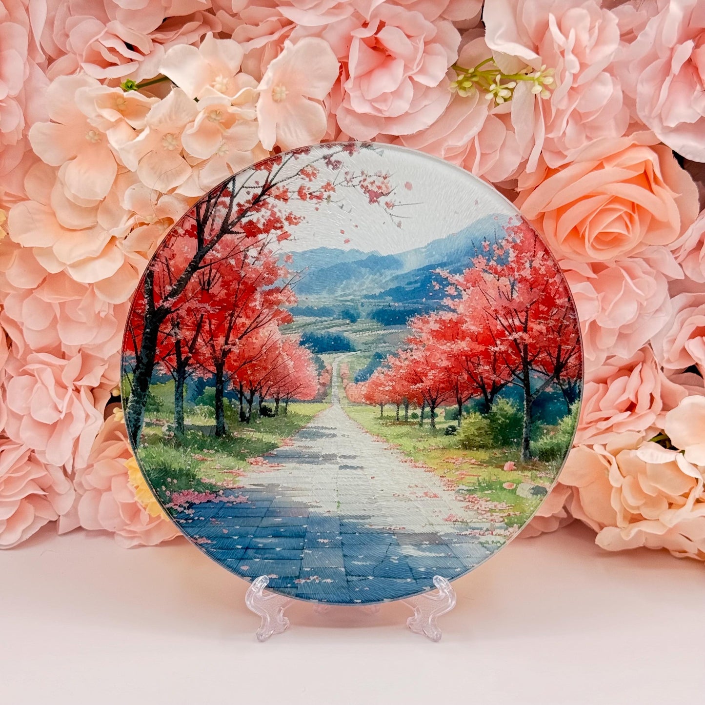 Blossom Landscape Glass Round Tea Pot Holder/Chopping Board, Cutting Board