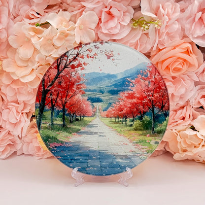 Blossom Landscape Glass Round Tea Pot Holder/Chopping Board, Cutting Board