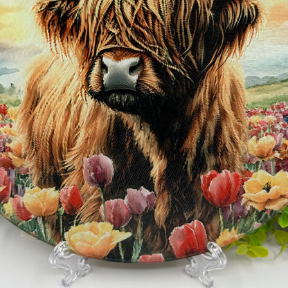 Highland Cow Round Glass Tea Pot Holder - Chopping Board - Worktop Protector - Heat Mat