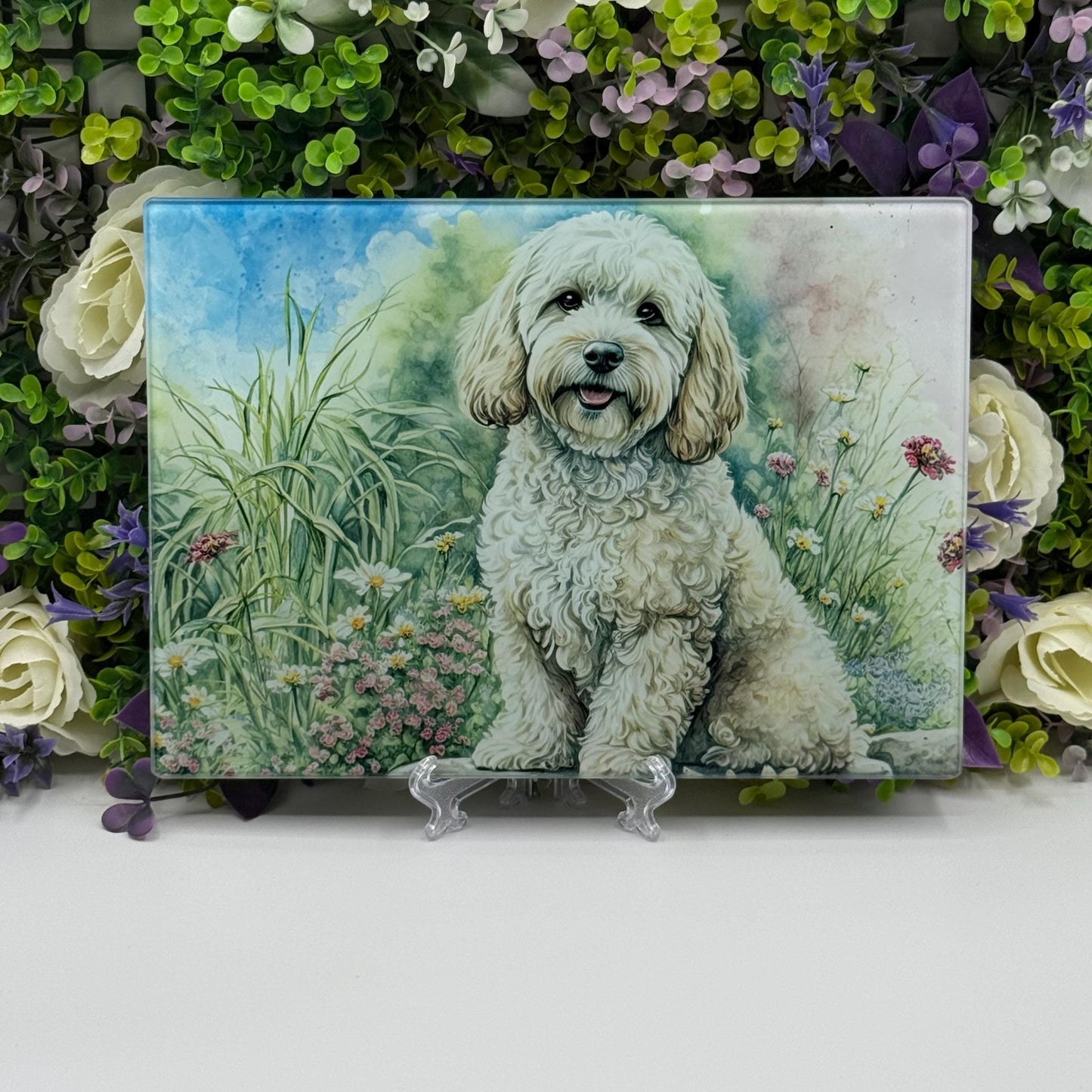 Cockapoo Floral 8inch x 11inch Glass Chopping Board