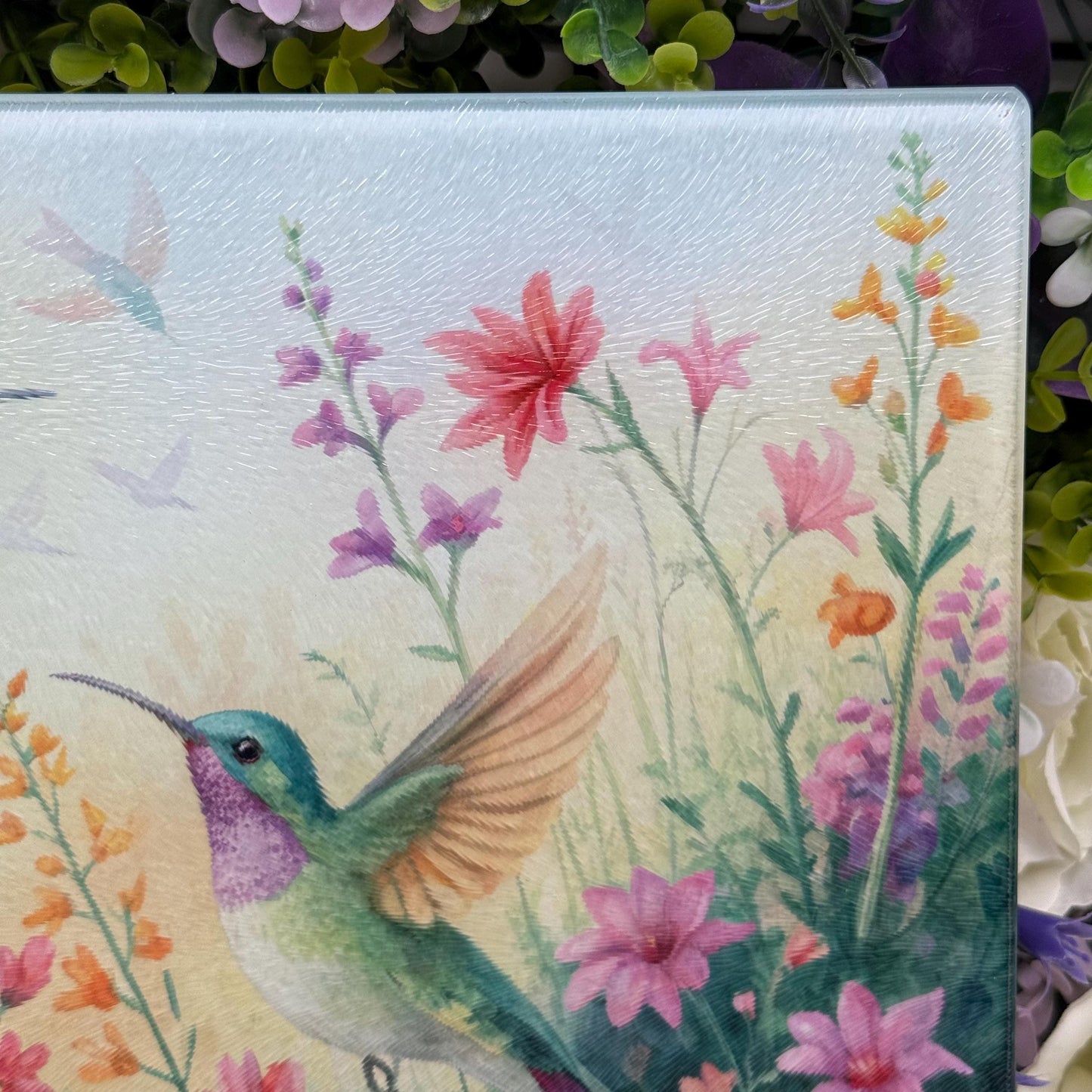 Hummingbird and Wildflower Watercolour Glass Chopping Boards - Worktop Saver - Side Protector