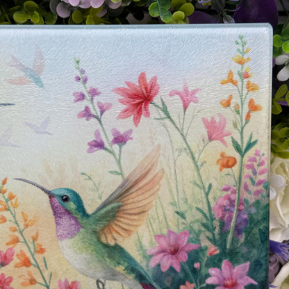 Hummingbird and Wildflower Watercolour Glass Chopping Boards - Worktop Saver - Side Protector