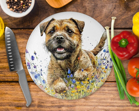 Border Terrier Wildflower 20cm Round Glass Chopping Board: Handmade Kitchen Decor