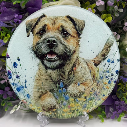 Border Terrier Wildflower 20cm Round Glass Chopping Board: Handmade Kitchen Decor