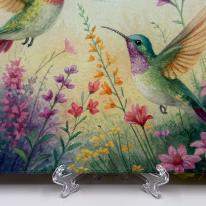 Hummingbird and Wildflower Watercolour Glass Chopping Boards - Worktop Saver - Side Protector
