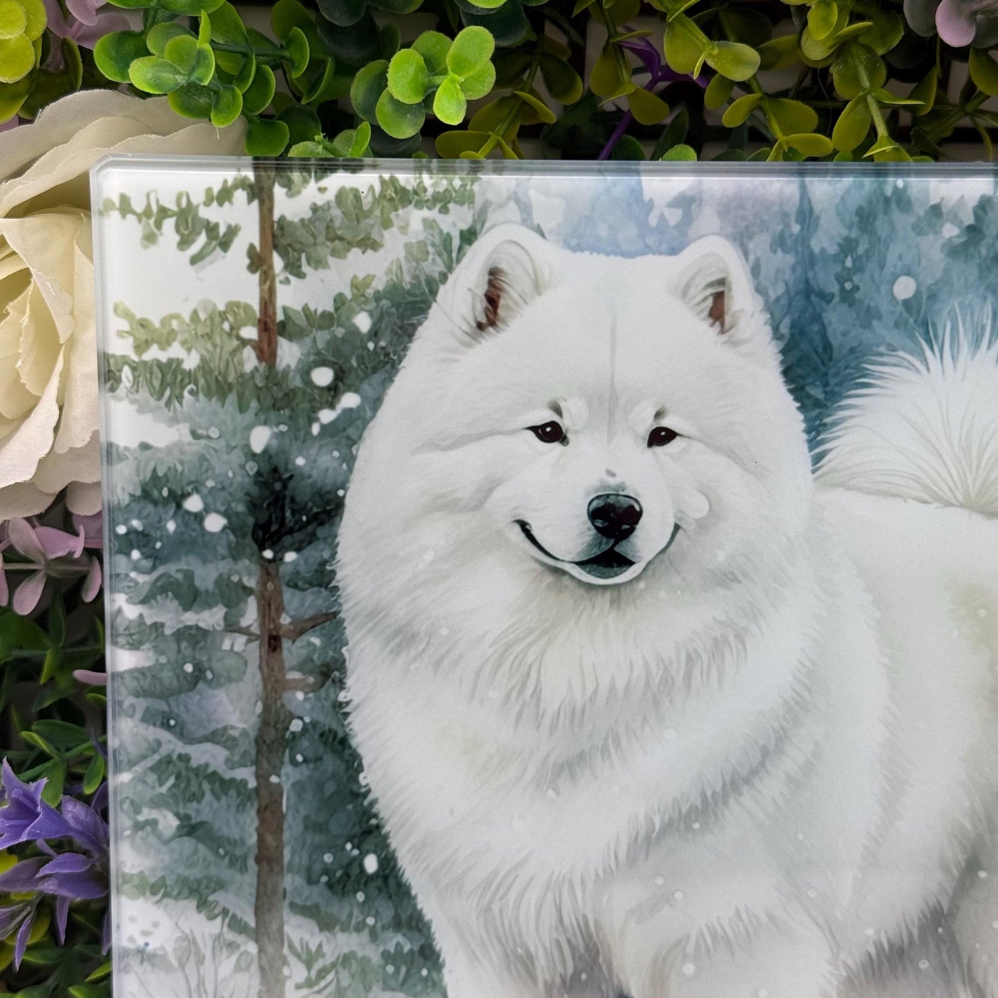 Samoyed Winter Snow 8inchx11inch Glass Chopping Board