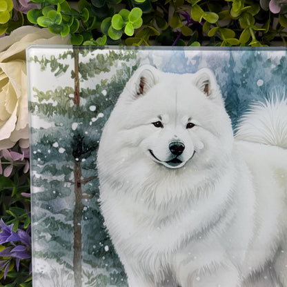 Samoyed Winter Snow 8inchx11inch Glass Chopping Board
