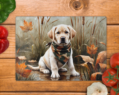 Labrador Puppy Lake and Leaves Glass Chopping Board - Worktop Saver