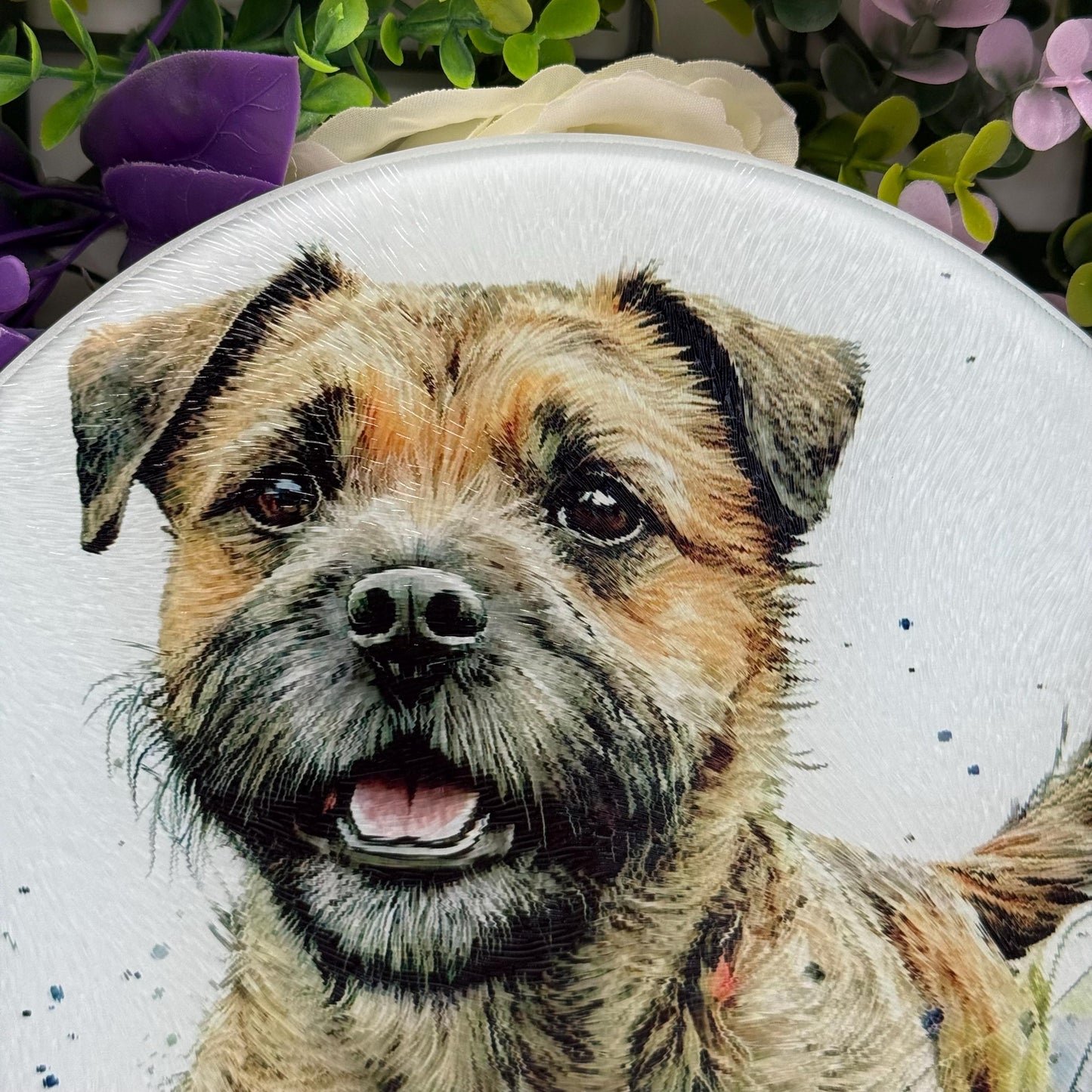 Border Terrier Wildflower 20cm Round Glass Chopping Board: Handmade Kitchen Decor