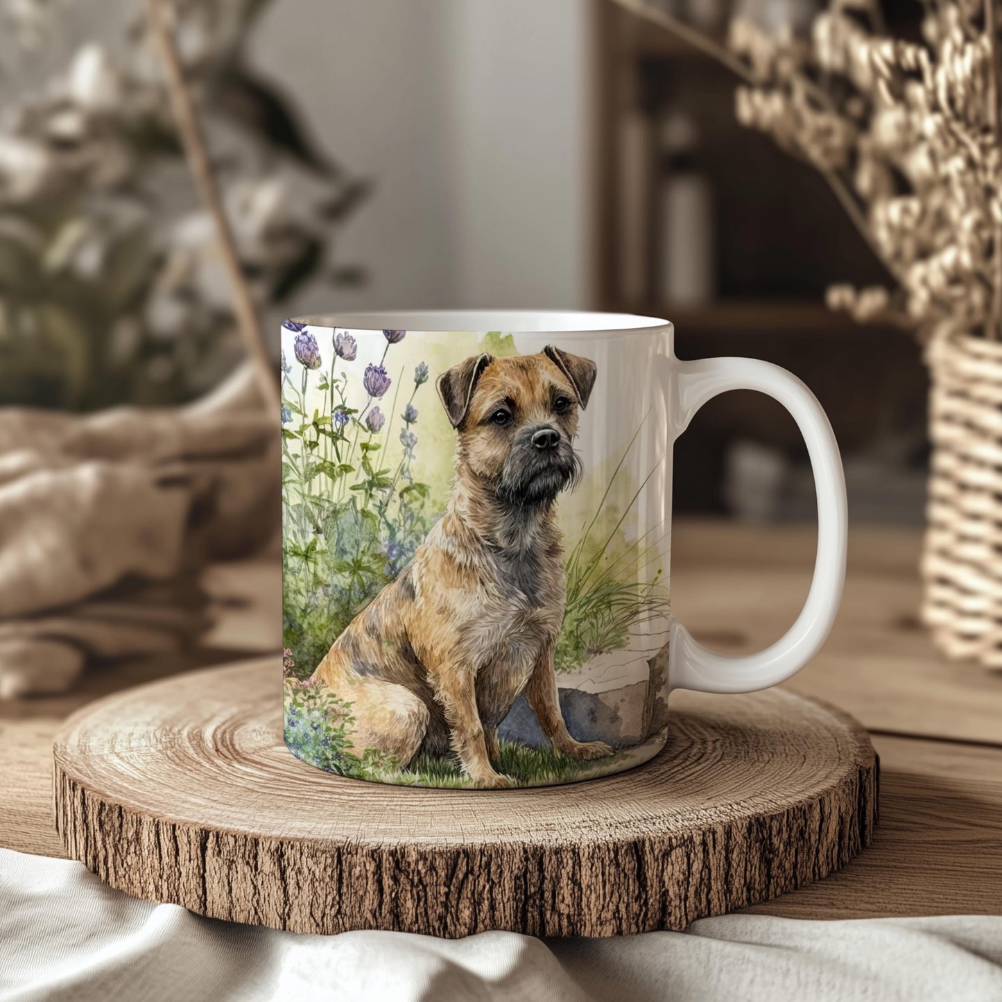 Border Terrier Dog Greenery Floral Mug: Handmade Ceramic Coffee Cup, Pet Lover Gift