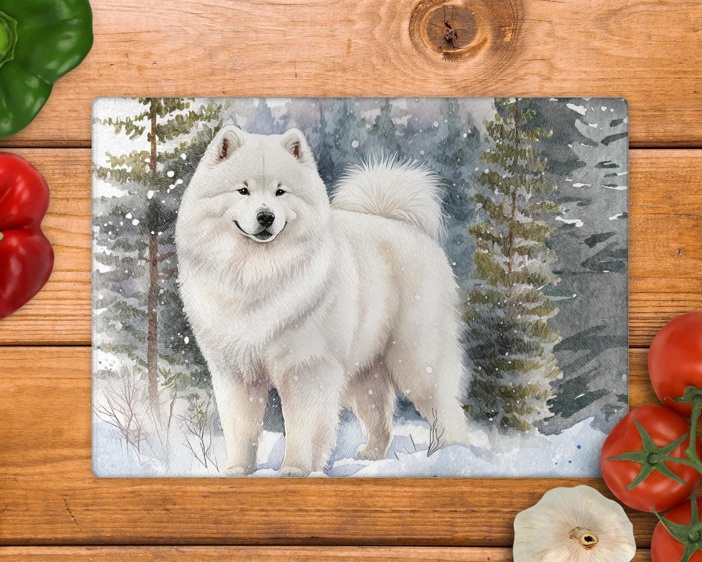 Samoyed Winter Snow 8inchx11inch Glass Chopping Board