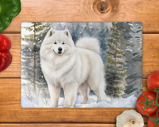 Samoyed Winter Snow 8inchx11inch Glass Chopping Board
