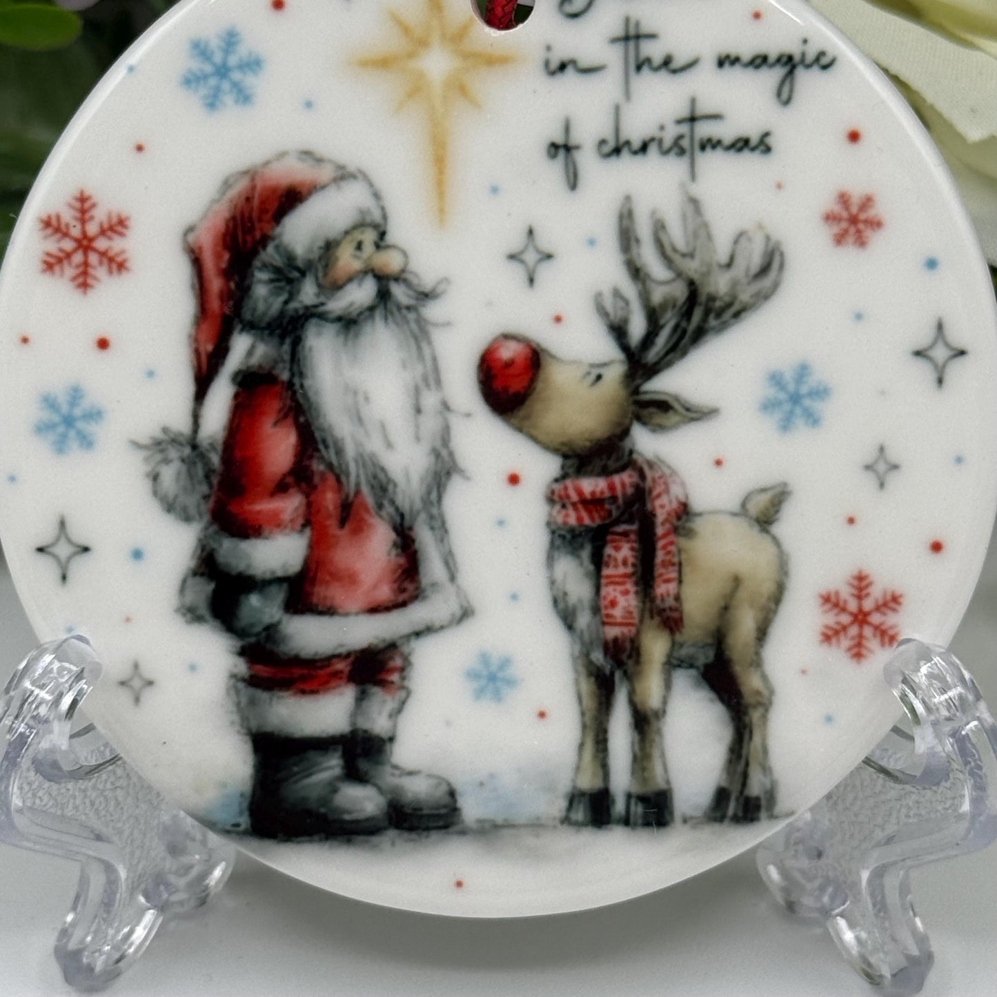 Believe in Christmas Magic - Santa and Reindeer Ceramic Ornament - Tree Decoration