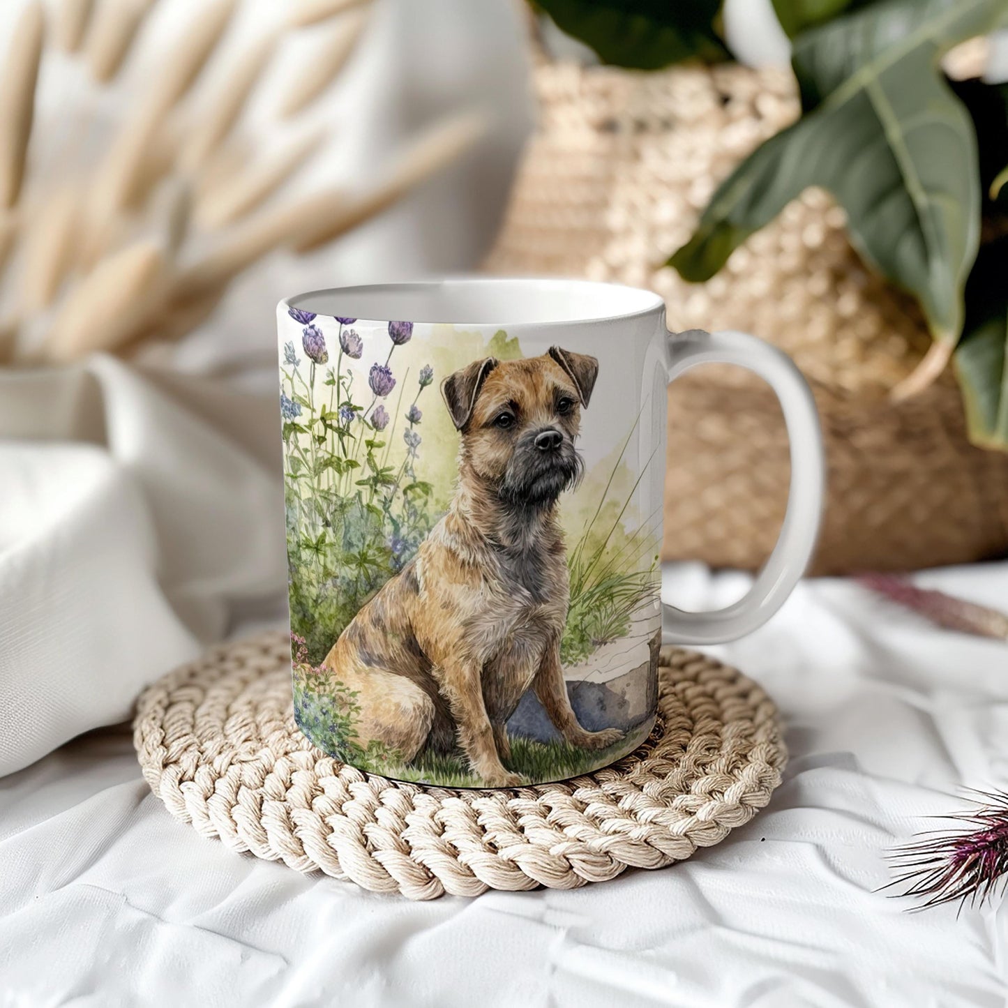 Border Terrier Dog Greenery Floral Mug: Handmade Ceramic Coffee Cup, Pet Lover Gift