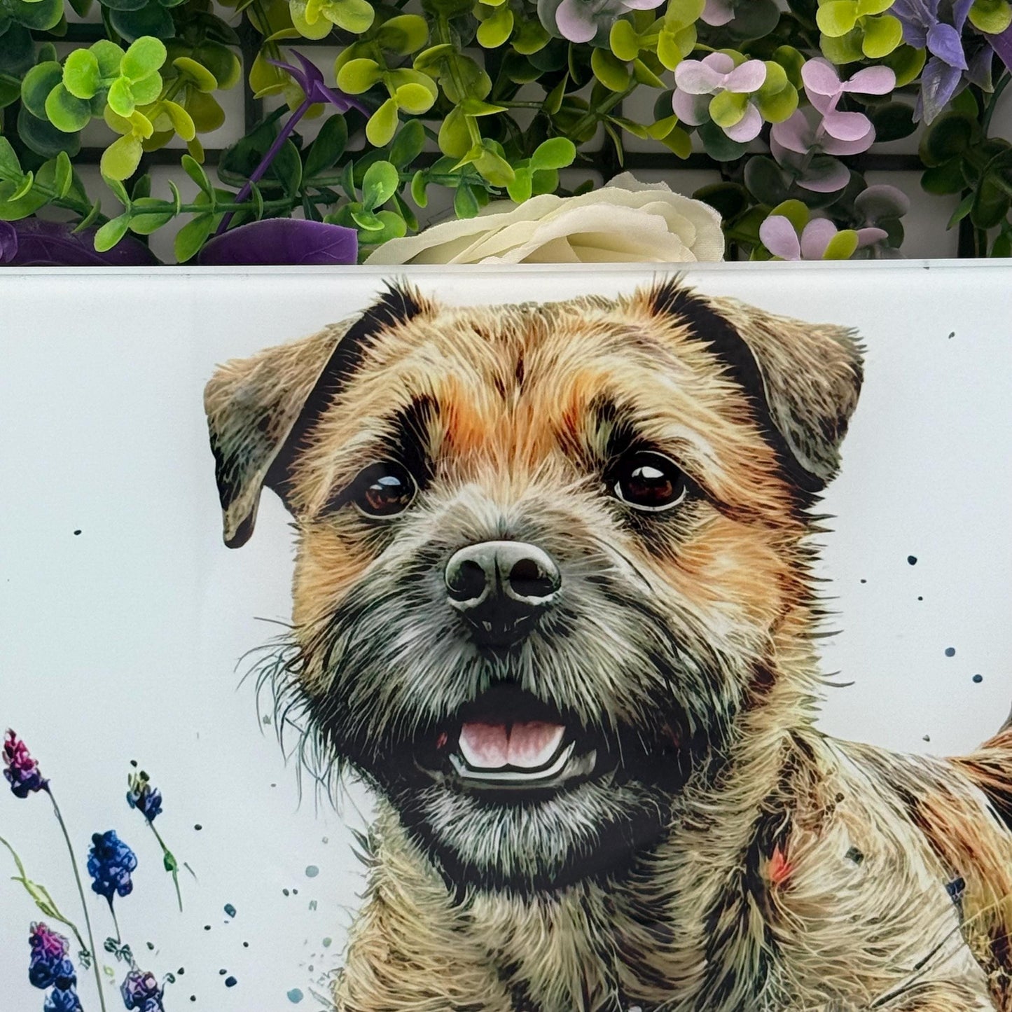 Border Terrier Wildflower Glass Chopping Board: Handmade Kitchen Decor