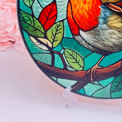 Robin Stained Glass Textured Round Tea Pot Holder - Chopping Board - Worktop Protector - Heat Mat