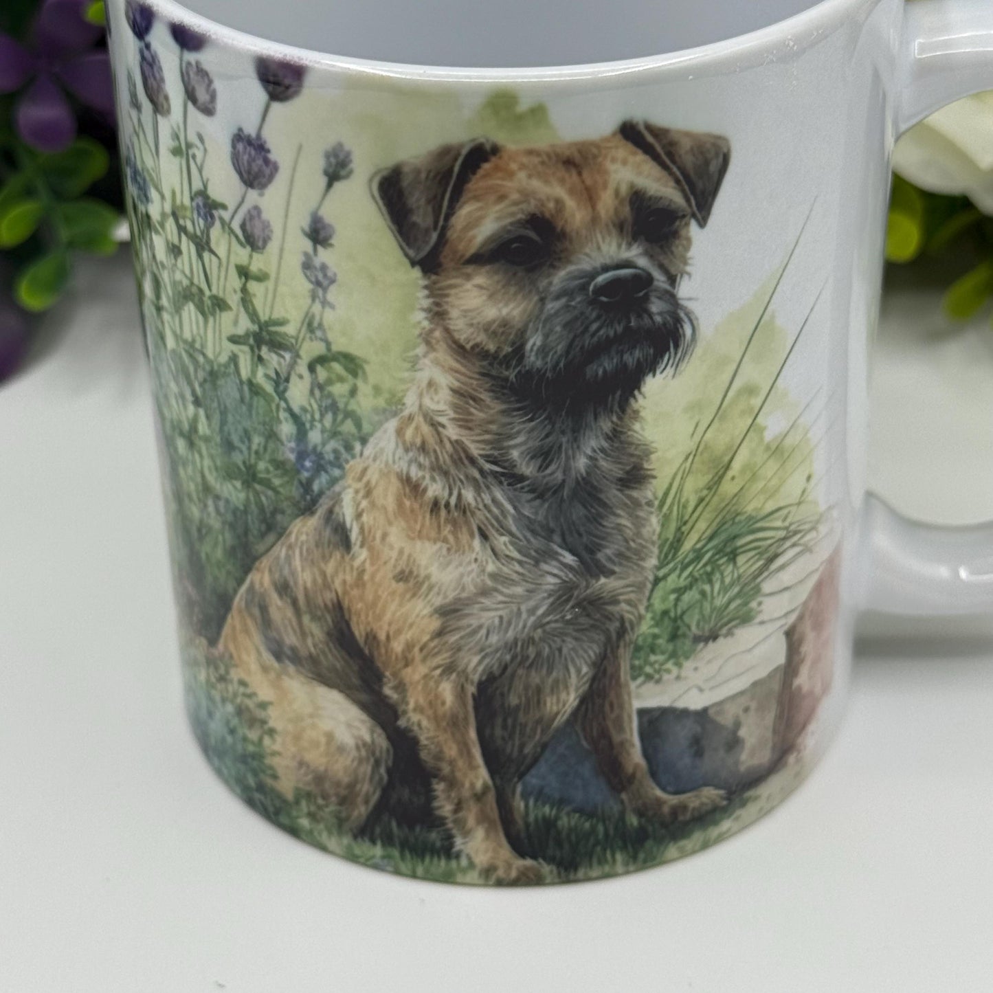 Border Terrier Dog Greenery Floral Mug: Handmade Ceramic Coffee Cup, Pet Lover Gift
