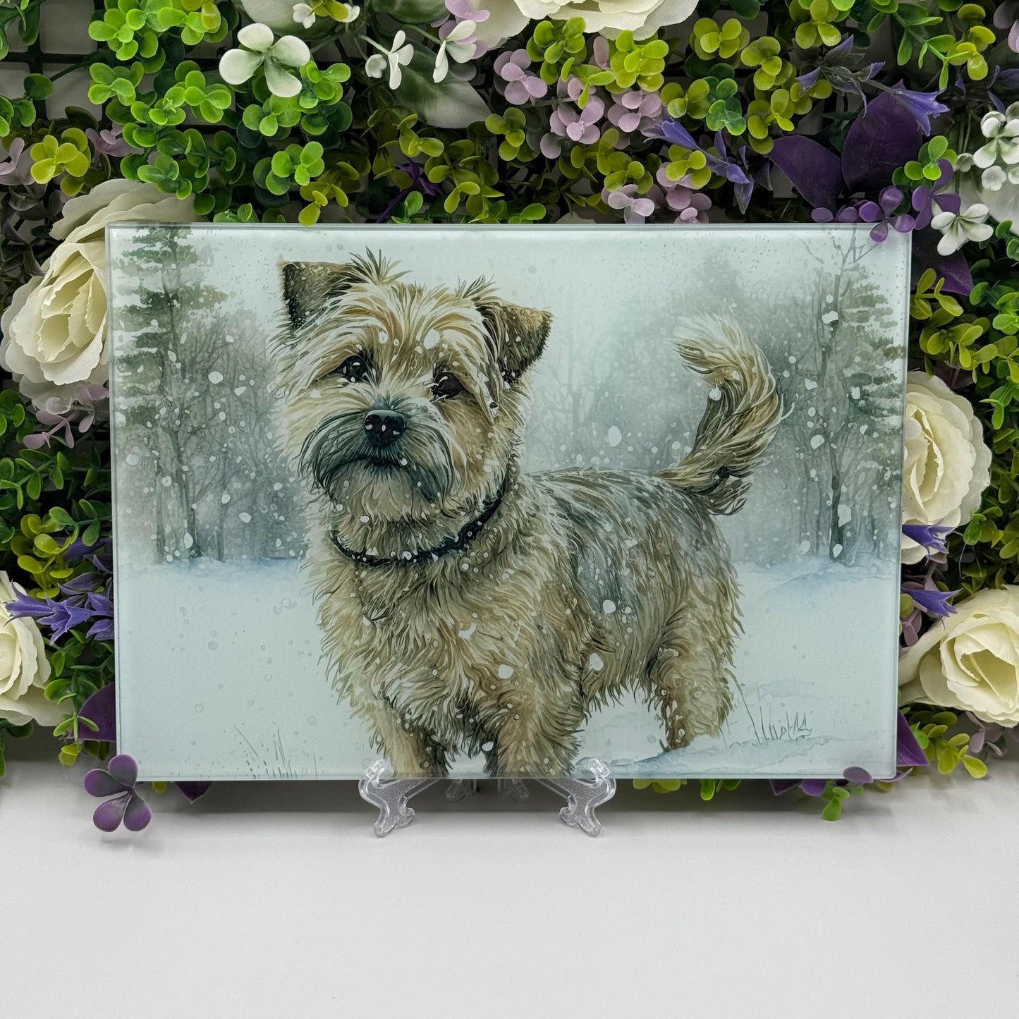 Norfolk Terrier Winter Snow 8inch x 11inch Glass Chopping Board