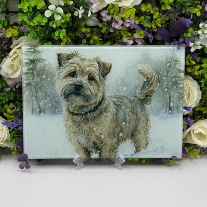Norfolk Terrier Winter Snow 8inch x 11inch Glass Chopping Board
