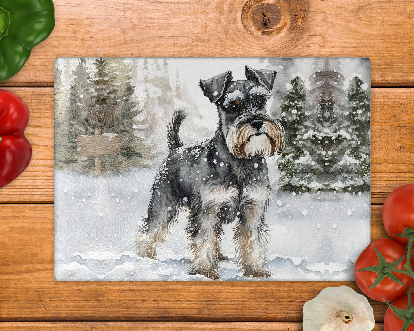 Schnauzer Winter Snow 8inchx11inch Glass Cutting Board: Handmade Kitchen Decor