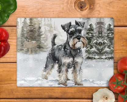 Schnauzer Winter Snow 8inchx11inch Glass Cutting Board: Handmade Kitchen Decor