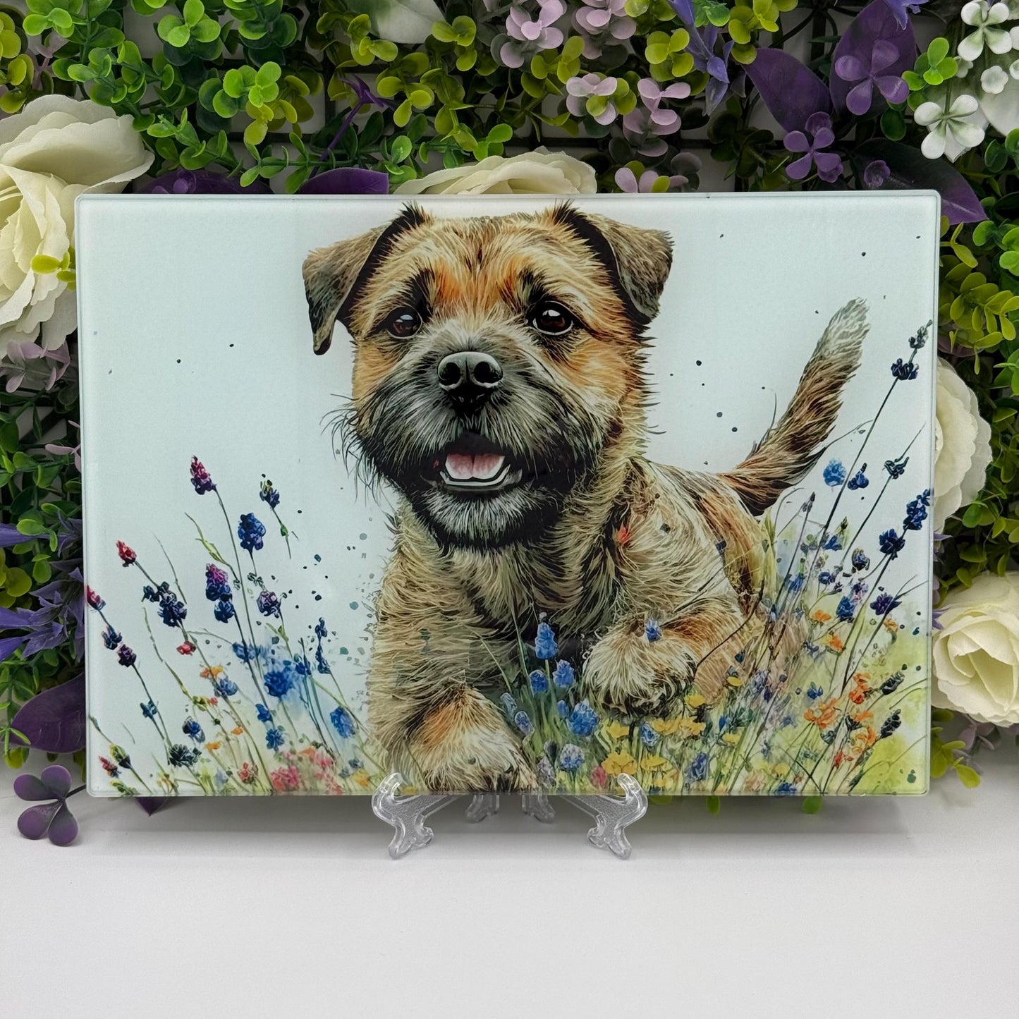 Border Terrier Wildflower Glass Chopping Board: Handmade Kitchen Decor
