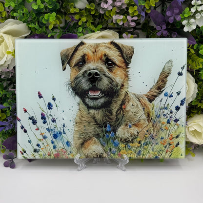Border Terrier Wildflower Glass Chopping Board: Handmade Kitchen Decor