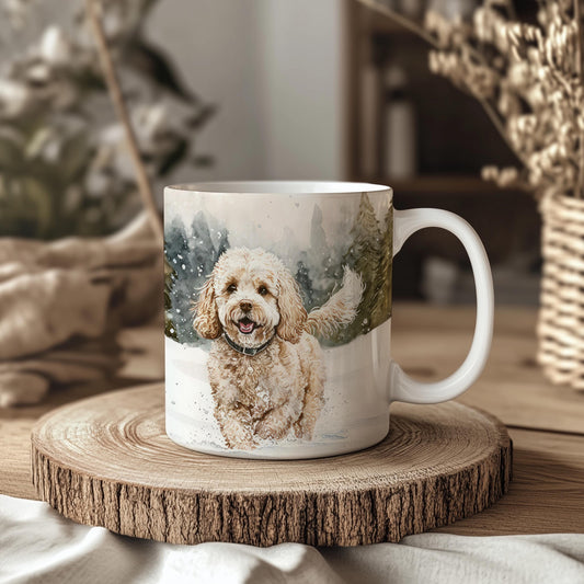 Cavachon Dog Winter Forest Mug: Handmade Ceramic Coffee Cup, Pet Lover Gift