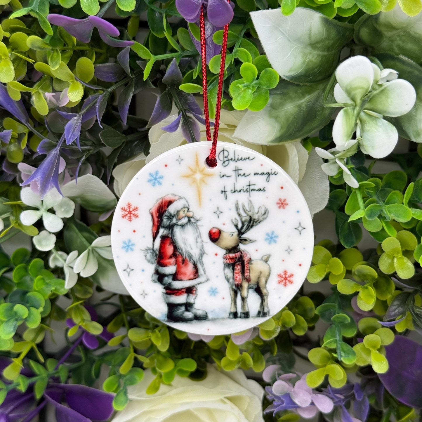 Believe in Christmas Magic - Santa and Reindeer Ceramic Ornament - Tree Decoration