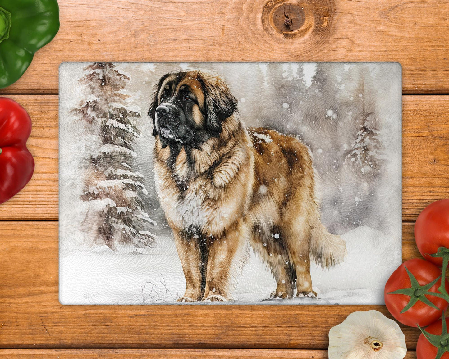 Leonberger Winter Snow Glass Chopping Board / 8inch x 11inch / Handmade Kitchen Decor