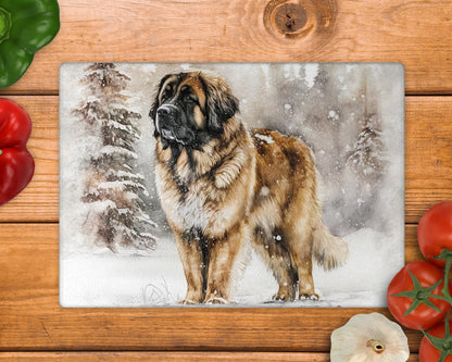 Leonberger Winter Snow Glass Chopping Board / 8inch x 11inch / Handmade Kitchen Decor