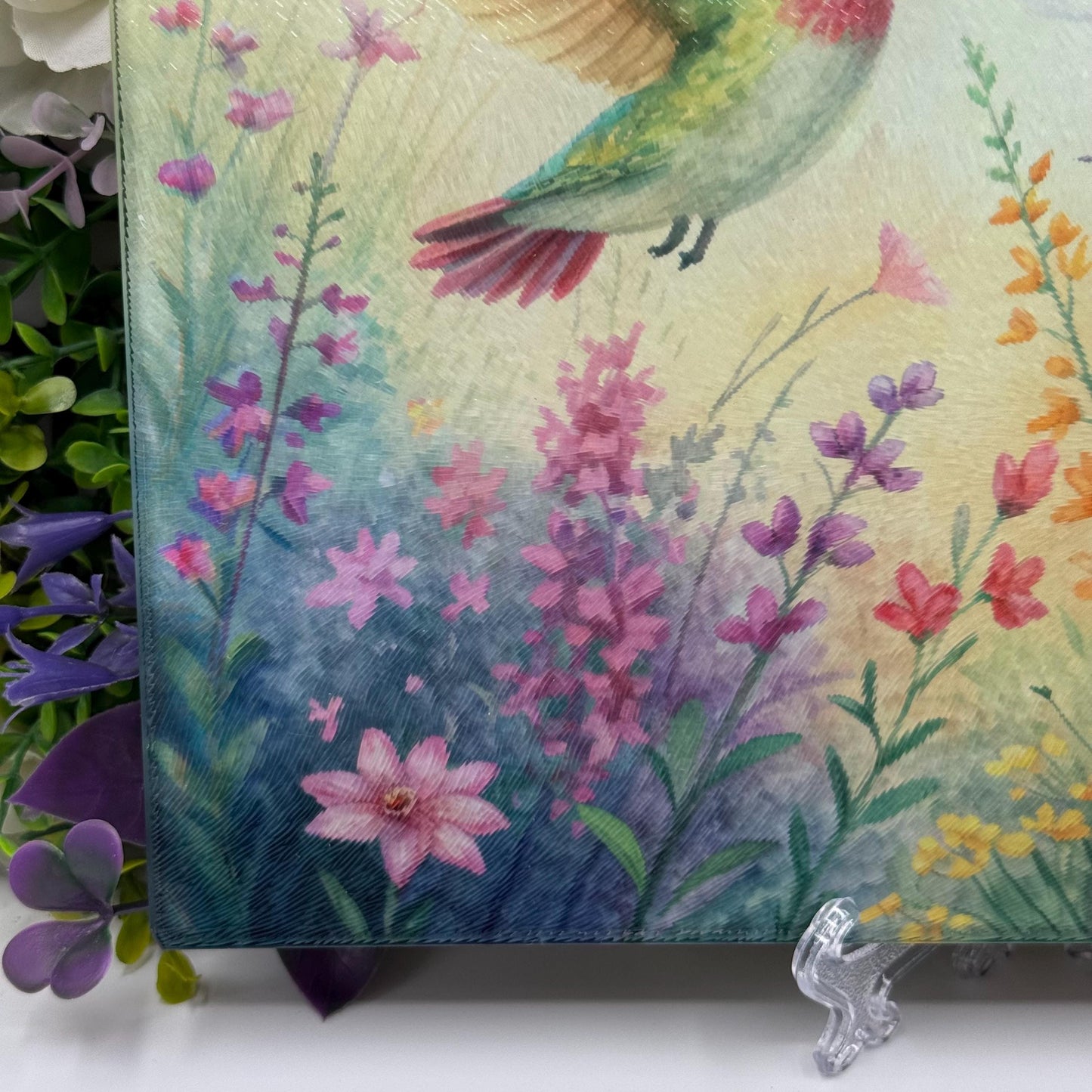 Hummingbird and Wildflower Watercolour Glass Chopping Boards - Worktop Saver - Side Protector