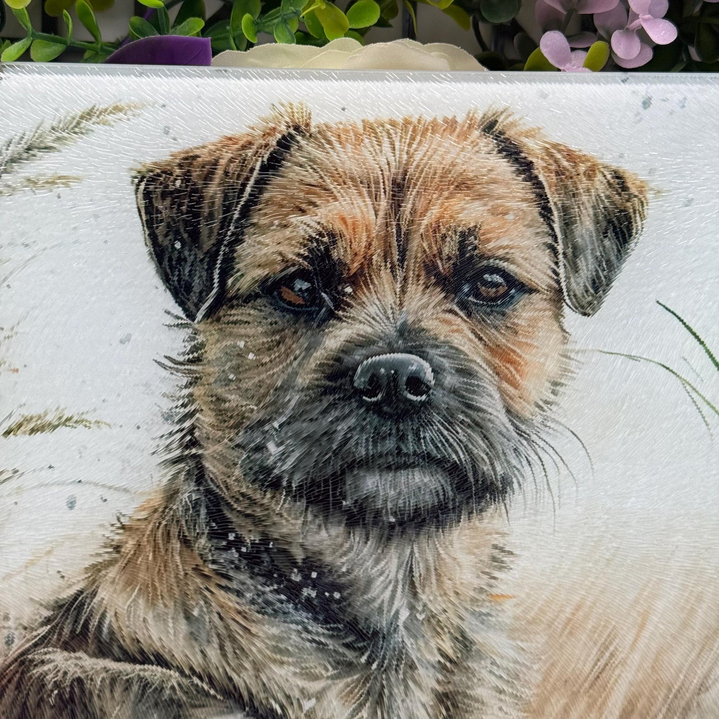 Border Terrier Wheat/Corn Field Glass Chopping Board / 8inch x 11inch / Handmade Kitchen Decor