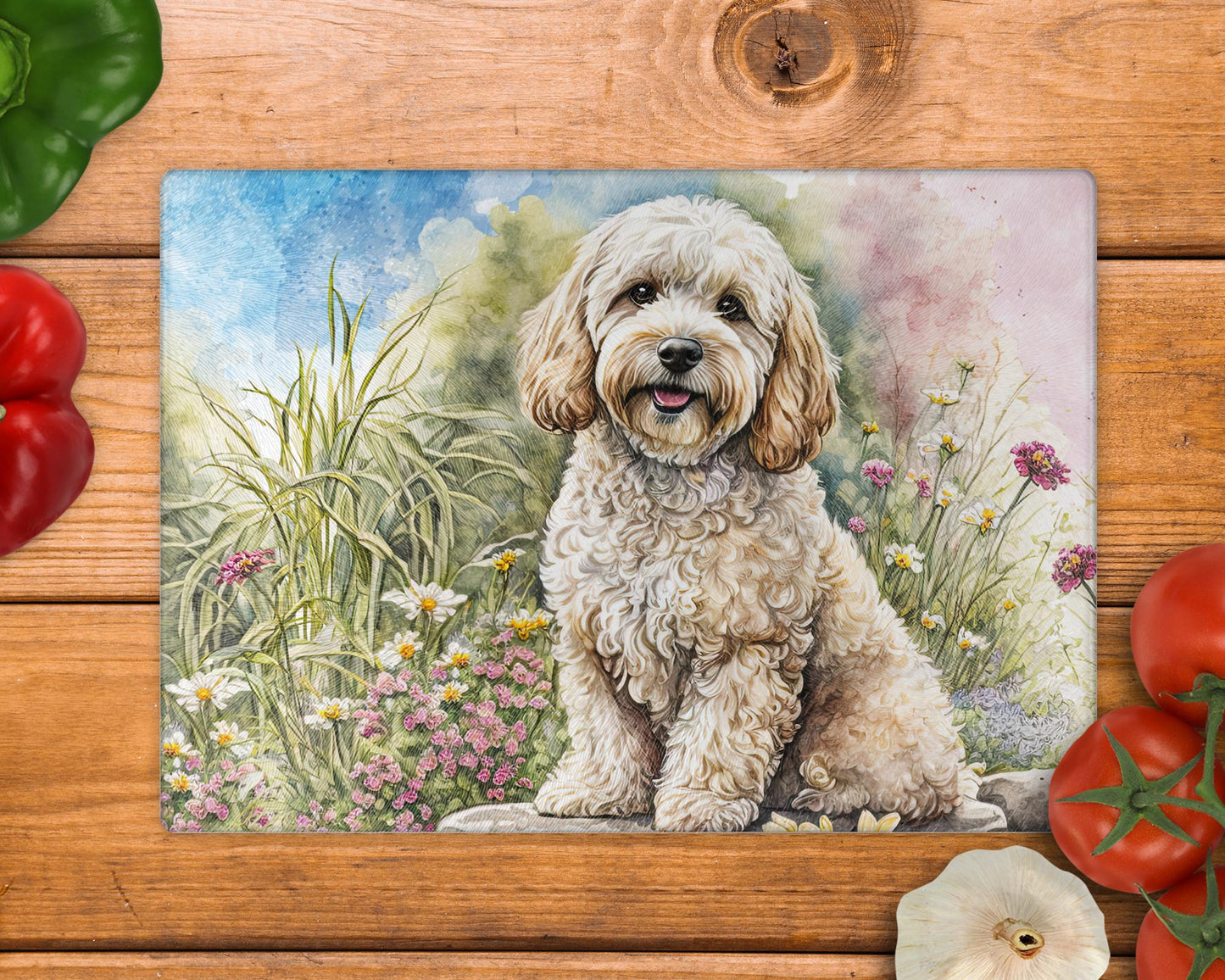 Cockapoo Floral 8inch x 11inch Glass Chopping Board