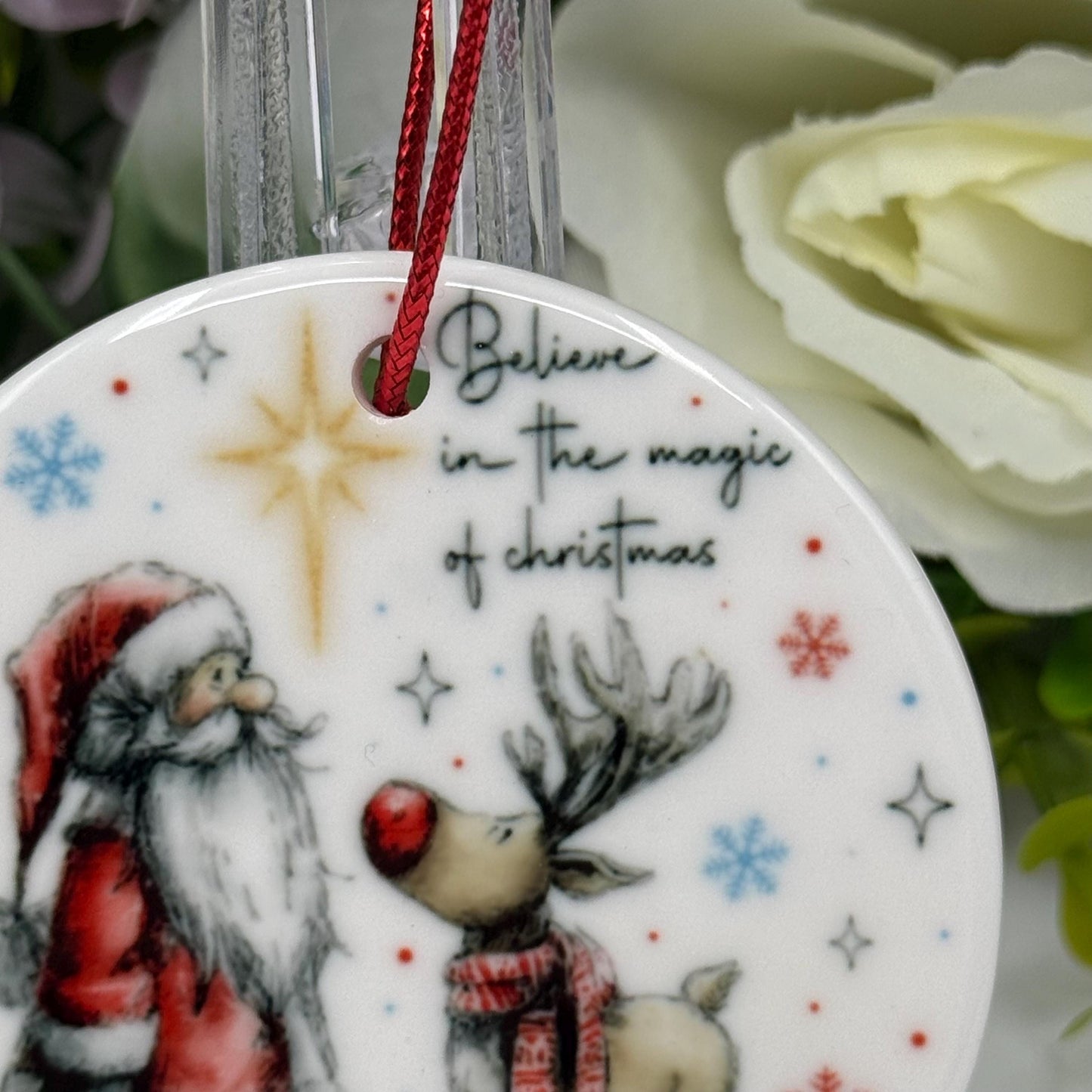 Believe in Christmas Magic - Santa and Reindeer Ceramic Ornament - Tree Decoration